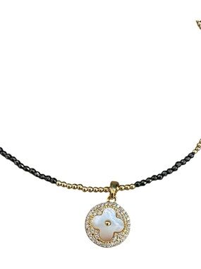 Designer Adina Eden Gold/Hematite Necklace with Pave Stone Clover pendant S925